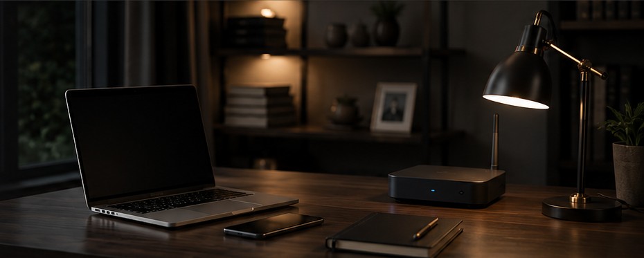 Dark workspace with laptop, smartphone, router and desk lamp